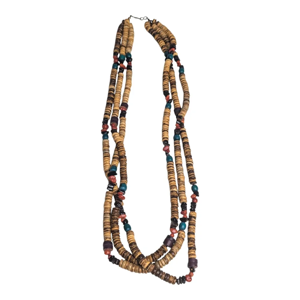 Boho Multi Layered Chunky Multi Colored Wooden‎ Beaded Long Vintage Necklace